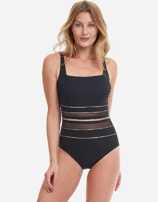 Onyx Square Neck Tank Swimsuit - Black and Gold