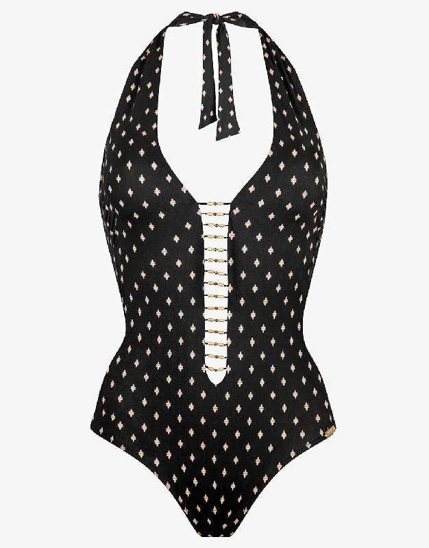 Soul Spots Plunge Halter Swimsuit - Black