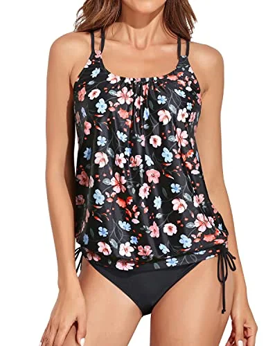 Loose Fitting Two Piece Tankini Bathing Suits For Women-Black And Pink Floral